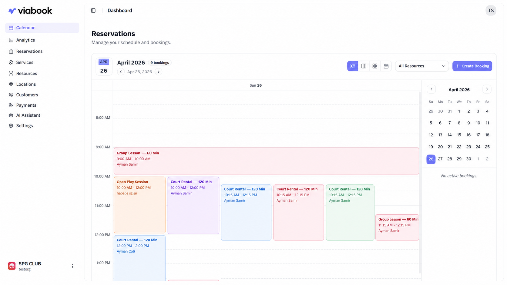 ViaBook web reservations dashboard